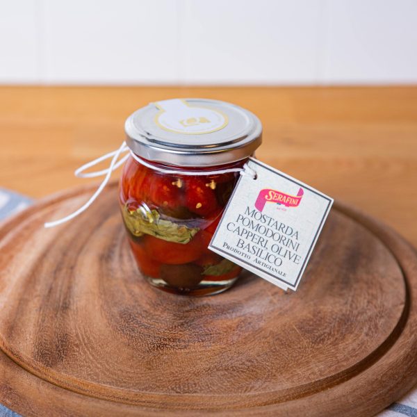 Mostarda pomodorini, capperi, olive e basilico